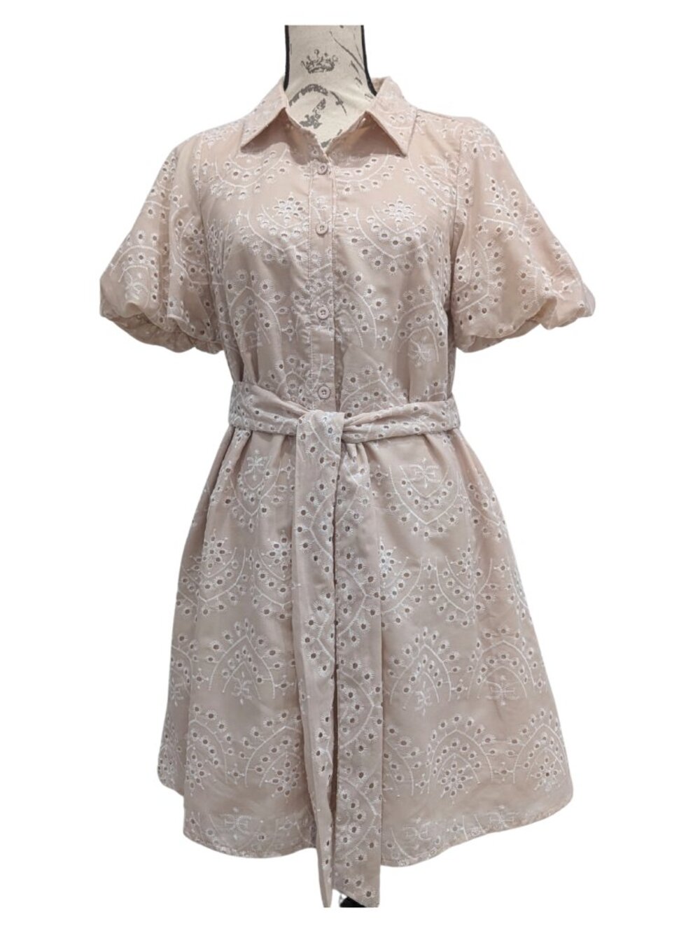 Sam Edelman Eyelet Puff Sleeve Shirt Dress Natural Size 4 NWT Belted - Picture 2 of 11